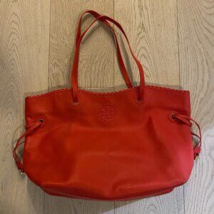 Tory Burch - Marion Red Pebble Leather Slouchy Tote/Shoulder Bag - Bright Orange